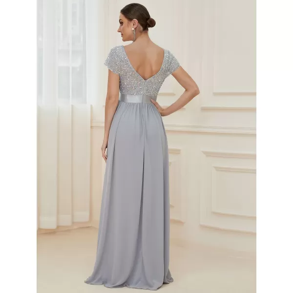 EverPretty Womens Sequin VNeck Aline Short Sleeves Empire Waist Maxi Evening Dress Formal Dress 0150ACustomAsilver