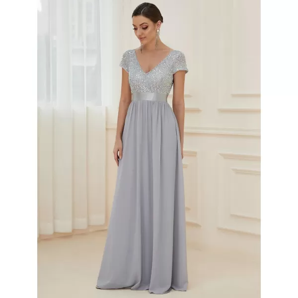 EverPretty Womens Sequin VNeck Aline Short Sleeves Empire Waist Maxi Evening Dress Formal Dress 0150ACustomAsilver