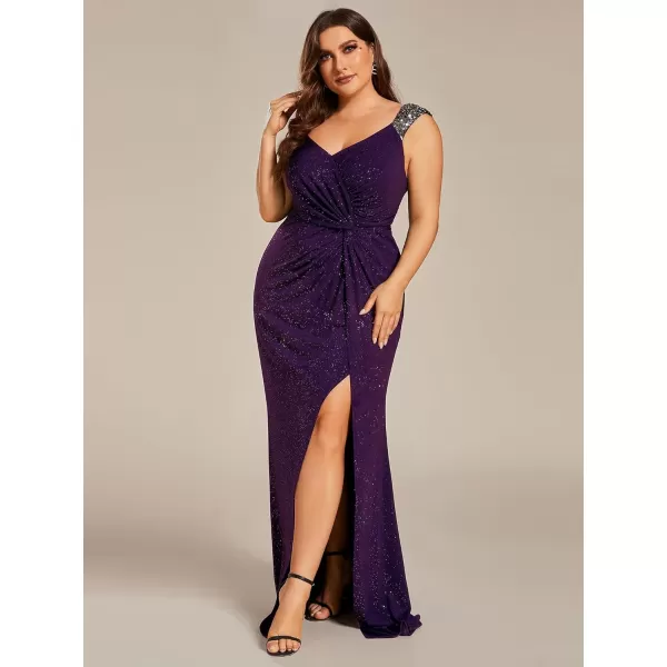 EverPretty Womens Sequin VNeck High Slit Glitter Plus Size Formal Evening Dresses for Curvy Women 01888DADeep Purple