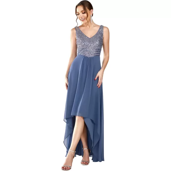 EverPretty Womens Sequin VNeck SeeThrough Waist High Low Wedding Guest Dress 0410USAHaze Blue