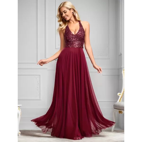 EverPretty Womens Sexy ALine Ruched V Neck Sleeveless Sequin Evening Dresses 01917Burgundy