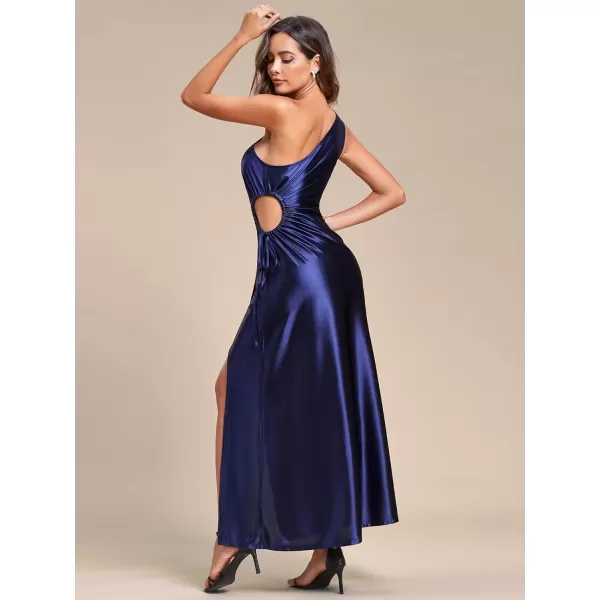 EverPretty Womens Sexy Cutout High Split ALine Satin Summer Trendy Wedding Guest Dress 01869USANavy Blue Blue