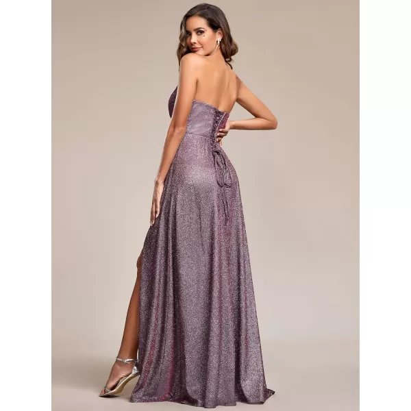EverPretty Womens Sexy Glitter High Slit Pleated Strapless ALine BackLaced Evening Dresses 01947Metallic Rose