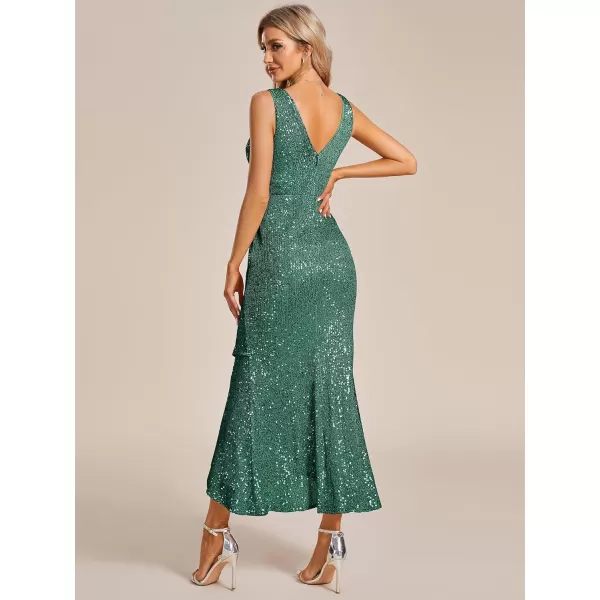 EverPretty Womens Sexy Glitter HighLow Ruffled VNeck Evening Dress with Sleeves 01914Deep Green