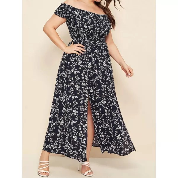 EverPretty Womens Sexy Off Shoulder Side Slit Floral Casual Summer Long Sun Dress 40405Navy Blue