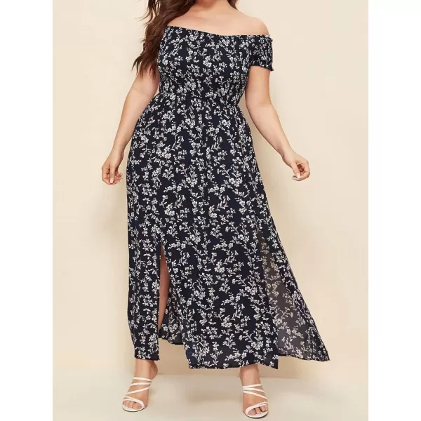 EverPretty Womens Sexy Off Shoulder Side Slit Floral Casual Summer Long Sun Dress 40405Navy Blue