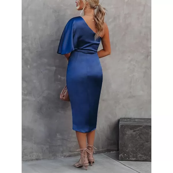 EverPretty Womens Sexy One Shoulder Ruched Asymmetrical Party Satin Bodycon Mini Dress 40408Blue