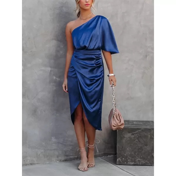 EverPretty Womens Sexy One Shoulder Ruched Asymmetrical Party Satin Bodycon Mini Dress 40408Blue