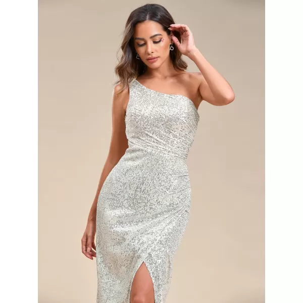 EverPretty Womens Sexy One Shoulder Ruched Slit Bodycon Sequin Evening Dress 00116Champagne