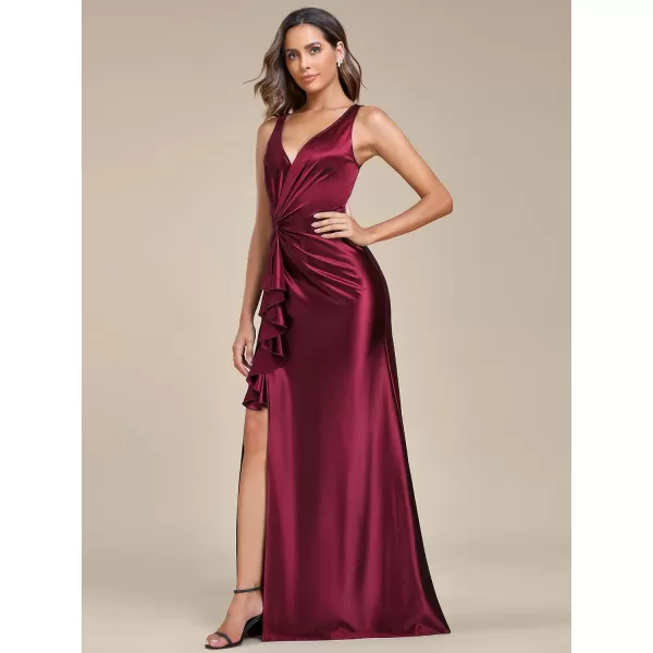 EverPretty Womens Sexy Satin Knot Waist VNeck Evening Dresses with Lotus Leaf 01887Burgundy