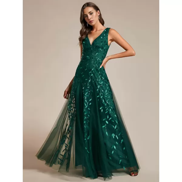 EverPretty Womens Sexy Sleeveless VNeck Evening Gowns Empire Waist Sequin Embroidery Formal DressDeep Green