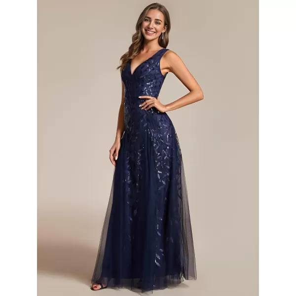 EverPretty Womens Sexy Sleeveless VNeck Evening Gowns Empire Waist Sequin Embroidery Formal DressNavy Blue