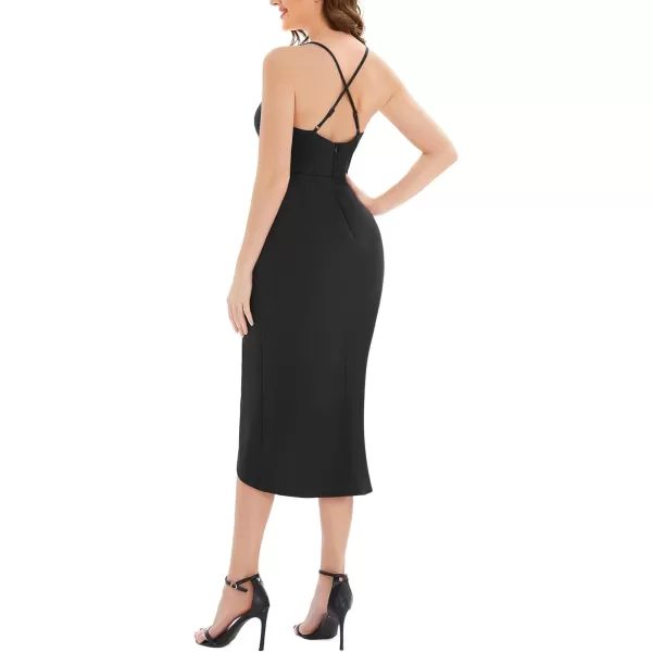 EverPretty Womens Sexy V Neck Spaghetti Strap Backless Bodycon Midi Wedding Guest Dresses 01700Black