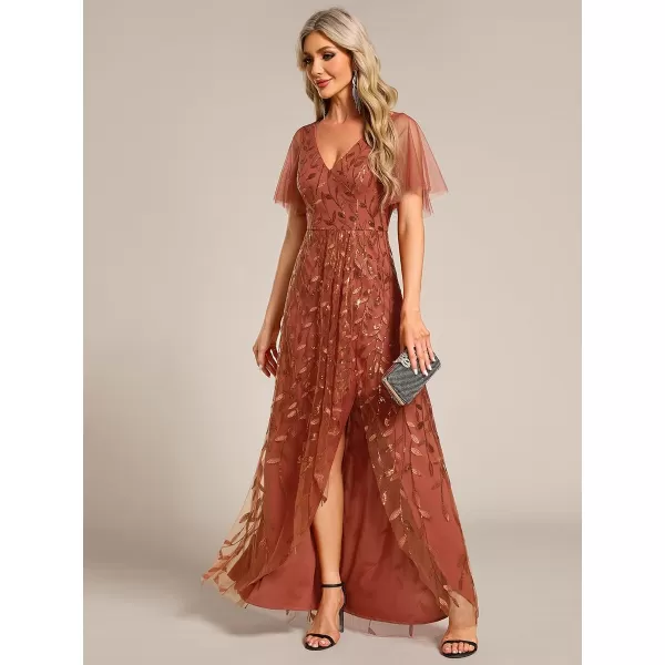 EverPretty Womens Shimmery Formal Dress V Neck Sequins ALine Side Slit Elegant Long Evening Dresses 02083Orange Burnt