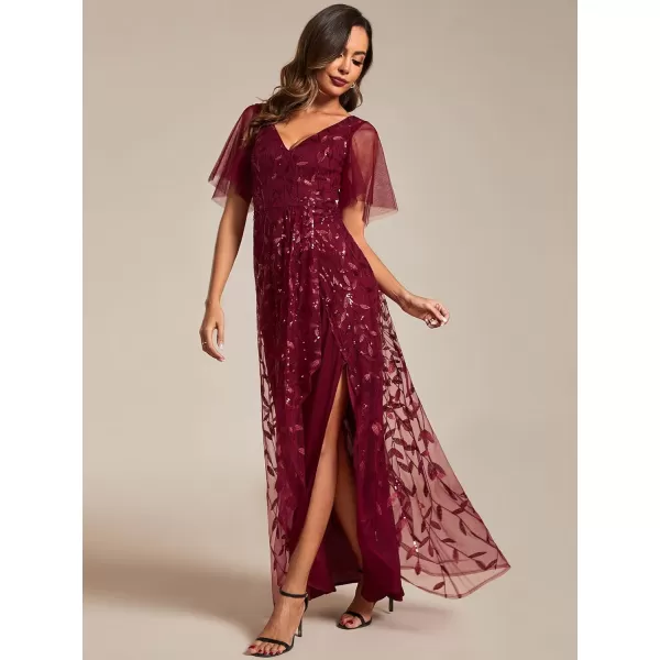 EverPretty Womens Shimmery Sequins ALine Side Slit Elegant Long Evening Dresses 02083Burgundy