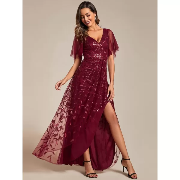 EverPretty Womens Shimmery Sequins ALine Side Slit Elegant Long Evening Dresses 02083Burgundy