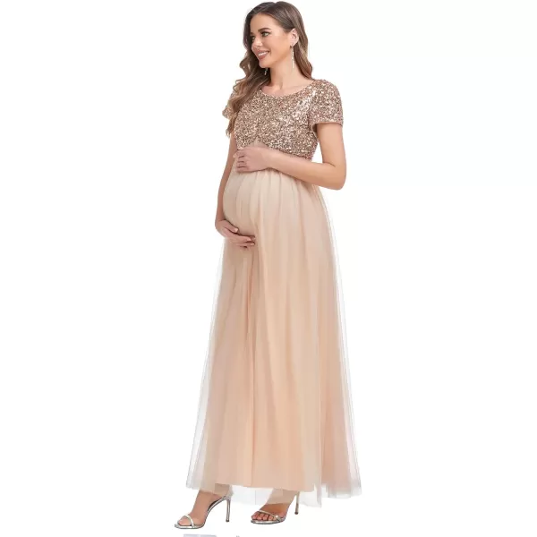 EverPretty Womens Short Sleeves Crew Neck Tulle A Line Sequin Maxi Fall Maternity Dress 0340AEYBlush