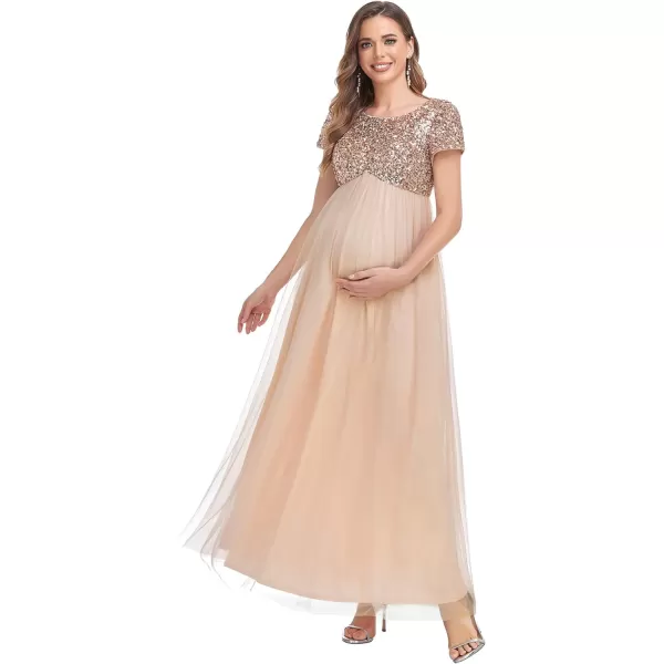 EverPretty Womens Short Sleeves Crew Neck Tulle A Line Sequin Maxi Fall Maternity Dress 0340AEYBlush