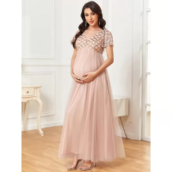 EverPretty Womens Short Sleeves Crew Neck Tulle A Line Sequin Maxi Fall Maternity Dress 0340AEYRose Gold