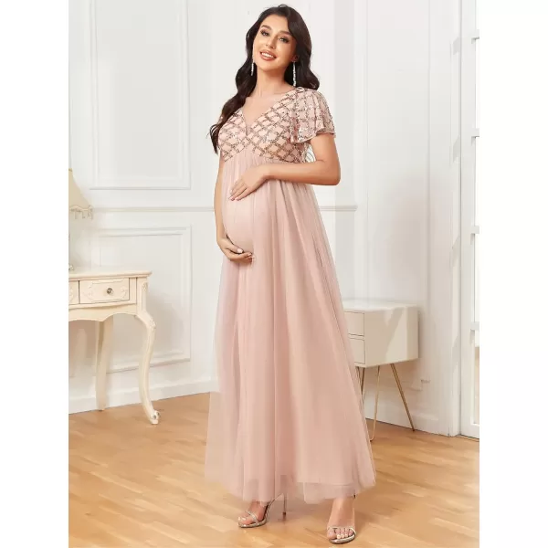 EverPretty Womens Short Sleeves Crew Neck Tulle A Line Sequin Maxi Fall Maternity Dress 0340AEYRose Gold