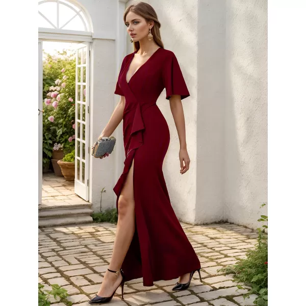 EverPretty Womens Short Sleeves Slit Pleated Bodycon Formal Dresses with Lotus Leaf 00014Burgundy