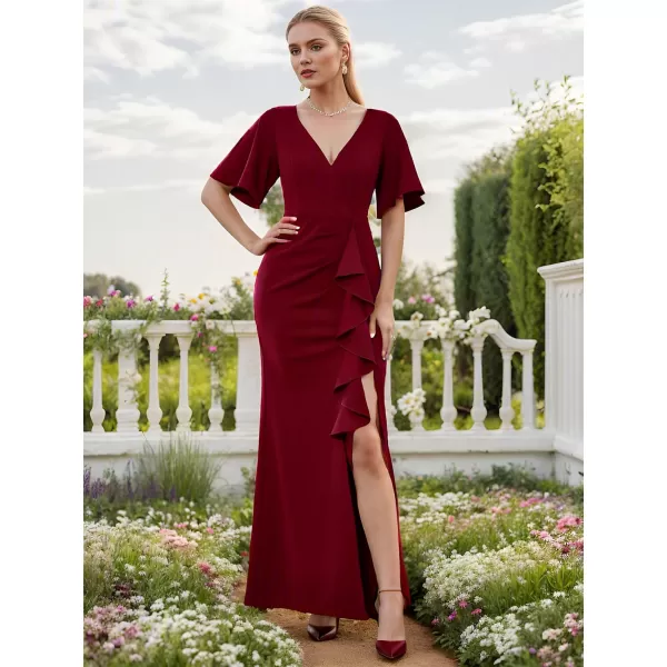 EverPretty Womens Short Sleeves Slit Pleated Bodycon Formal Dresses with Lotus Leaf 00014Burgundy