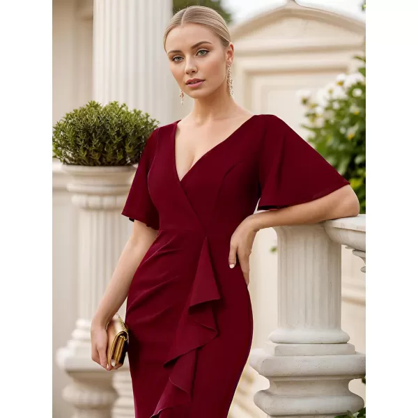 EverPretty Womens Short Sleeves Slit Pleated Bodycon Formal Dresses with Lotus Leaf 00014Burgundy