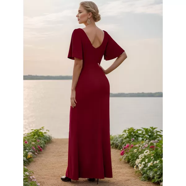 EverPretty Womens Short Sleeves Slit Pleated Bodycon Formal Dresses with Lotus Leaf 00014Burgundy