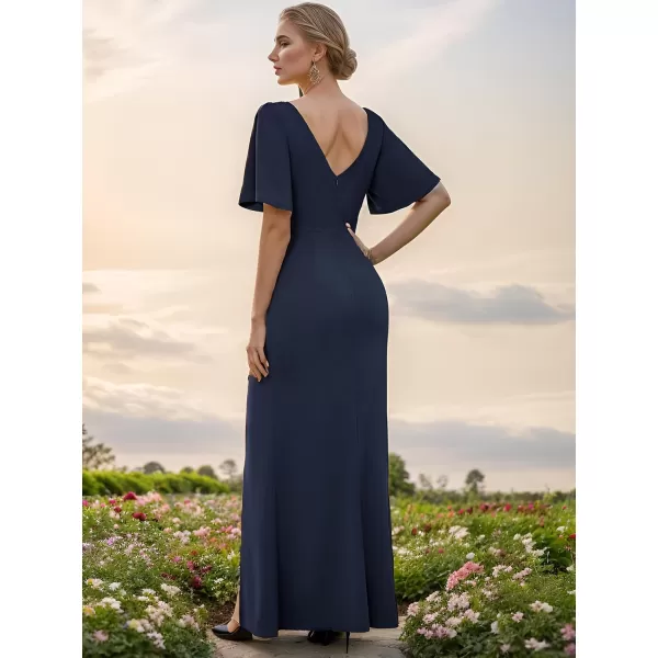 EverPretty Womens Short Sleeves Slit Pleated Bodycon Formal Dresses with Lotus Leaf 00014Navy Blue