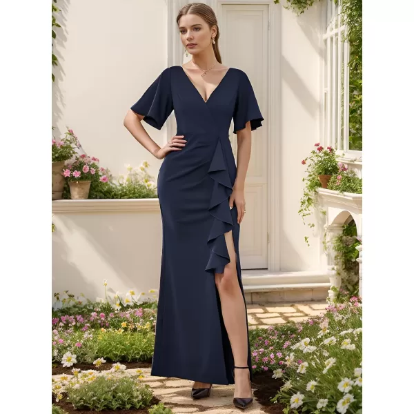 EverPretty Womens Short Sleeves Slit Pleated Bodycon Formal Dresses with Lotus Leaf 00014Navy Blue