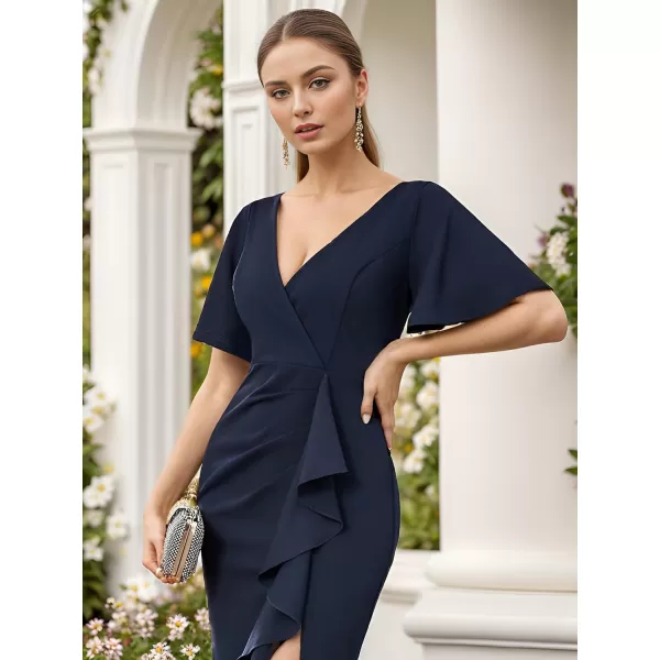 EverPretty Womens Short Sleeves Slit Pleated Bodycon Formal Dresses with Lotus Leaf 00014Navy Blue