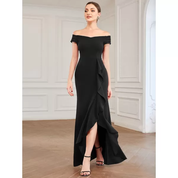 EverPretty Womens Side Split Off Shoulder Cap Sleeve Mermaid Elastic Formal Long Dress with Ruffles 00018USBlack