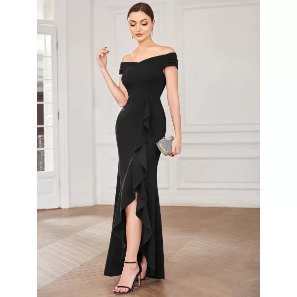 EverPretty Womens Side Split Off Shoulder Cap Sleeve Mermaid Elastic Formal Long Dress with Ruffles 00018USBlack