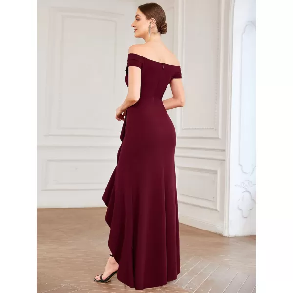 EverPretty Womens Side Split Off Shoulder Cap Sleeve Mermaid Elastic Formal Long Dress with Ruffles 00018USBurgundy