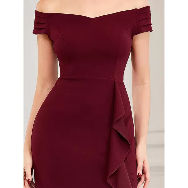 EverPretty Womens Side Split Off Shoulder Cap Sleeve Mermaid Elastic Formal Long Dress with Ruffles 00018USBurgundy