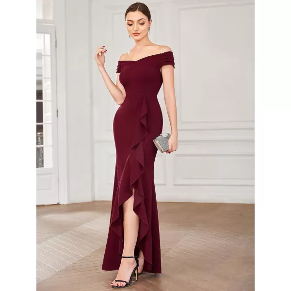 EverPretty Womens Side Split Off Shoulder Cap Sleeve Mermaid Elastic Formal Long Dress with Ruffles 00018USBurgundy
