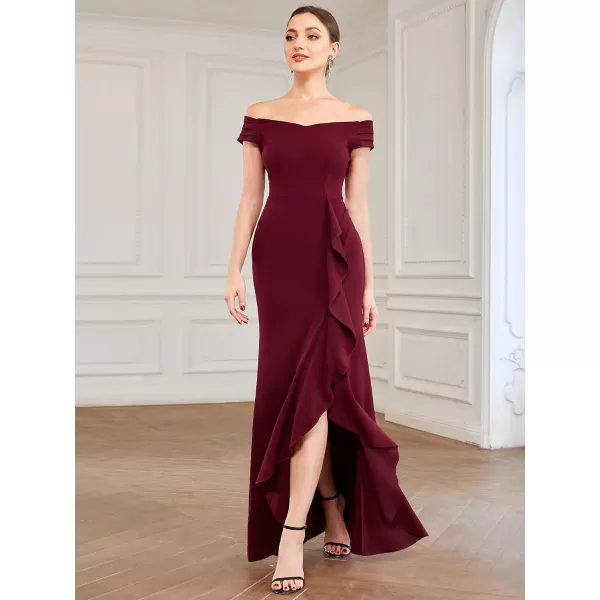 EverPretty Womens Side Split Off Shoulder Cap Sleeve Mermaid Elastic Formal Long Dress with Ruffles 00018USBurgundy