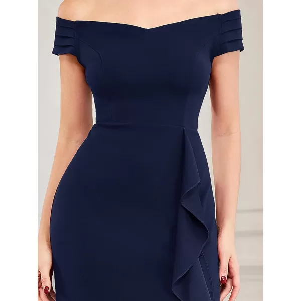 EverPretty Womens Side Split Off Shoulder Cap Sleeve Mermaid Elastic Formal Long Dress with Ruffles 00018USNavy Blue