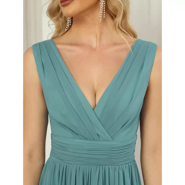 EverPretty Womens Sleeveless KneeLength V Neck Ruched Chiffon Formal Party Dress 3989Dusty Blue