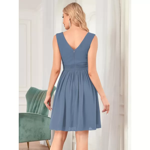 EverPretty Womens Sleeveless KneeLength V Neck Ruched Chiffon Formal Party Dress 3989Dusty Navy