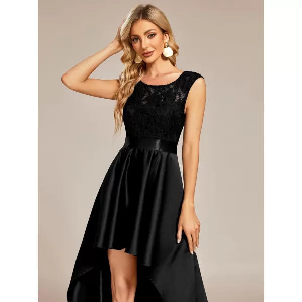 EverPretty Womens Sleeveless Round Neck Asymmetry Hem Lace Satin Summer Wedding Guest Dresses 01759Black