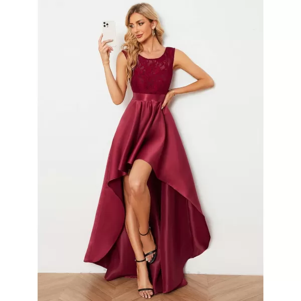 EverPretty Womens Sleeveless Round Neck Asymmetry Hem Lace Satin Summer Wedding Guest Dresses 01759Burgundy