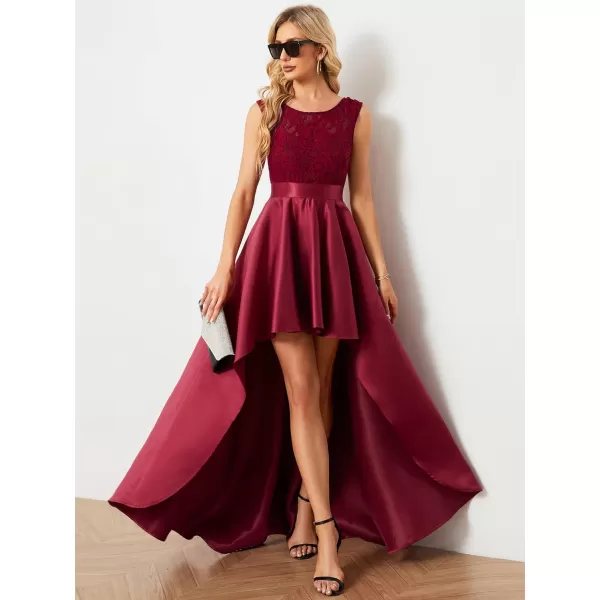 EverPretty Womens Sleeveless Round Neck Asymmetry Hem Lace Satin Summer Wedding Guest Dresses 01759Burgundy
