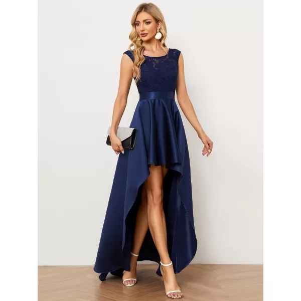 EverPretty Womens Sleeveless Round Neck Asymmetry Hem Lace Satin Summer Wedding Guest Dresses 01759Navy Blue