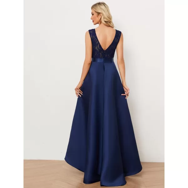 EverPretty Womens Sleeveless Round Neck Asymmetry Hem Lace Satin Summer Wedding Guest Dresses 01759Navy Blue