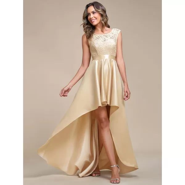 EverPretty Womens Sleeveless Round Neck Asymmetry Hem Lace Satin Summer Wedding Guest Dresses 01759Rose Gold