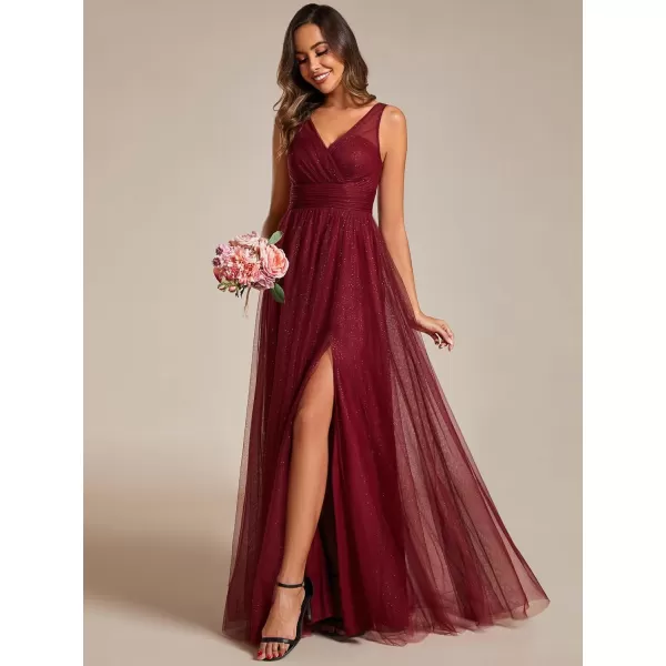 EverPretty Womens Sleeveless V Neck A Line Glitter Floor Length Split Formal Dresses S0014Burgundy