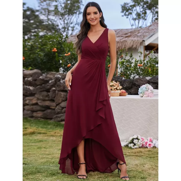 EverPretty Womens Sleeveless V Neck Pleated A Line High Low Bridesmaid Dresses S0033Burgundy