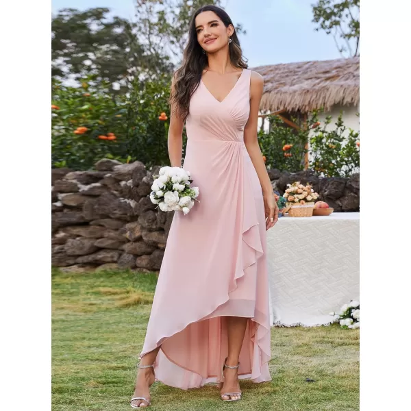 EverPretty Womens Sleeveless V Neck Pleated A Line High Low Bridesmaid Dresses S0033Pink