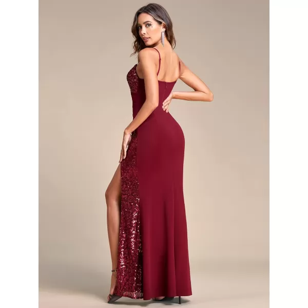 EverPretty Womens Spaghetti Strap Sequin Patchwork Mermaid Maxi Shiny Evening Gowns 01597Burgundy